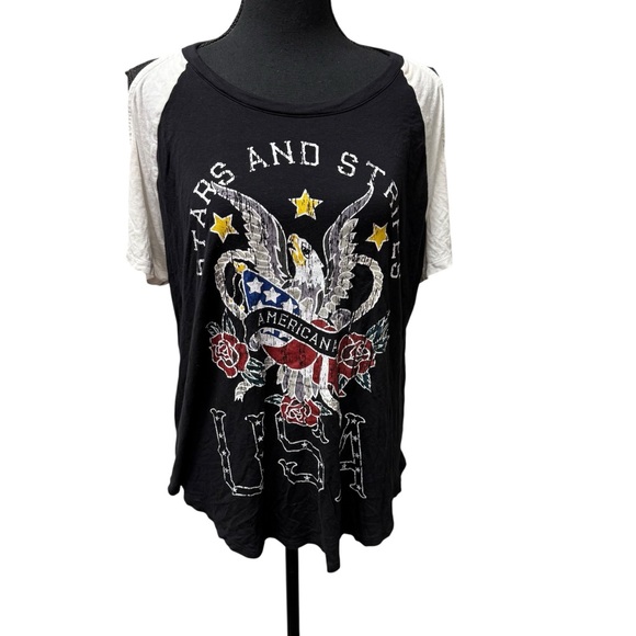 Rock & Republic Tops - Rock & Republic Americana Eagle Graphic Raglan Tee Black White USA Stars XL